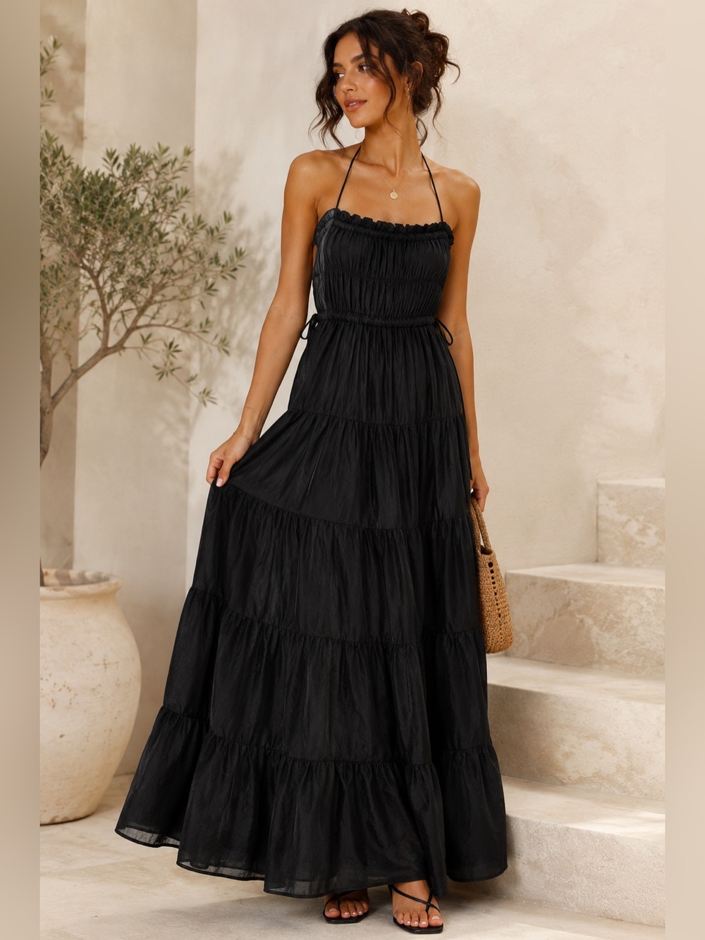 Indikah Black Halter Maxi Dress L Open Back Tie Tiered Boho Resort Romantic